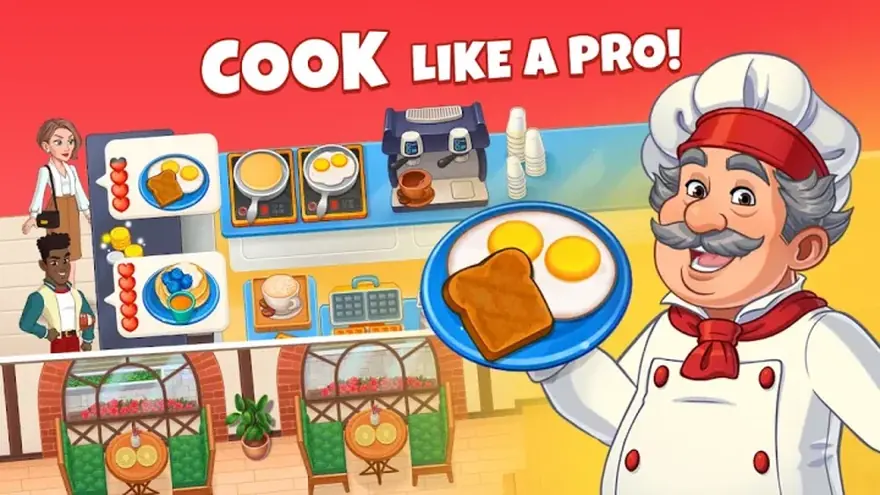 Cooking Diary screenshot of a busy restaurant kitchen with a chef serving a plate