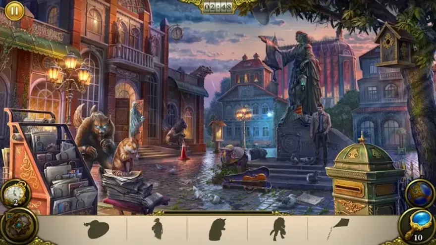 Hidden City screenshot showing a foggy street scene full of searchable objects