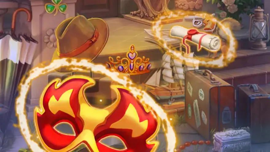 Manor Matters gameplay screenshot with a masked prop in a cluttered manor room