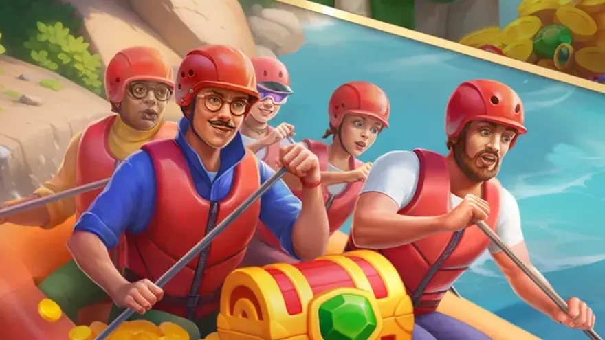 Manor Matters screenshot of a team rafting scene from a seasonal chapter