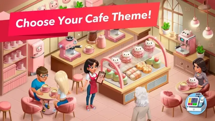 My Cafe screenshot of a pastel cafe interior with customers and a counter