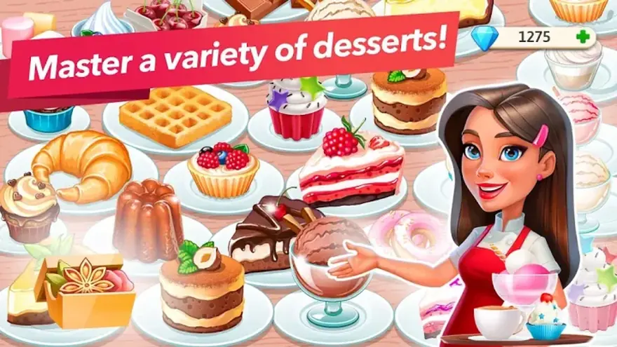 My Cafe screenshot showing a counter full of desserts and a barista
