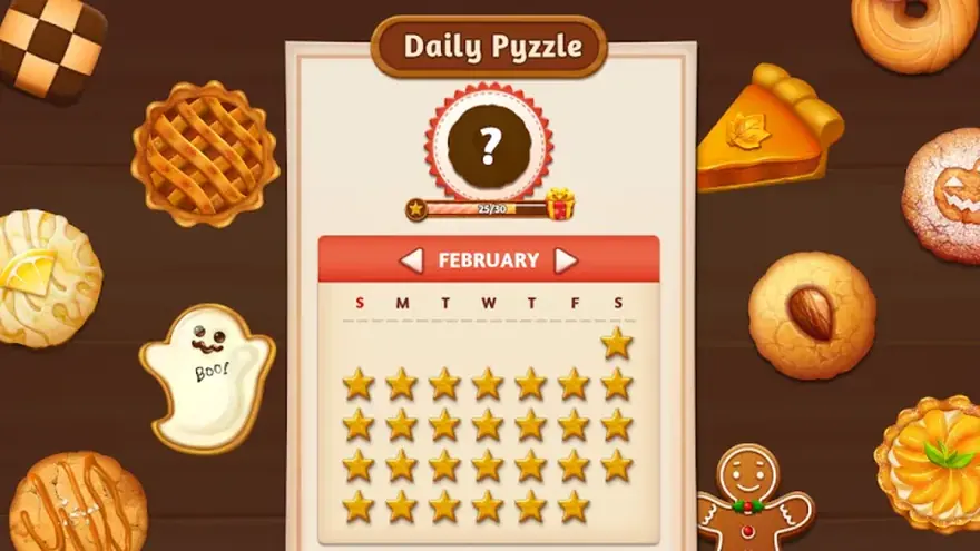 Word Cookies screenshot showing the daily puzzle calendar surrounded by biscuits