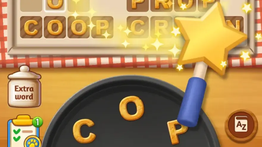 Word Cookies screenshot of letters arranged on a skillet during a level